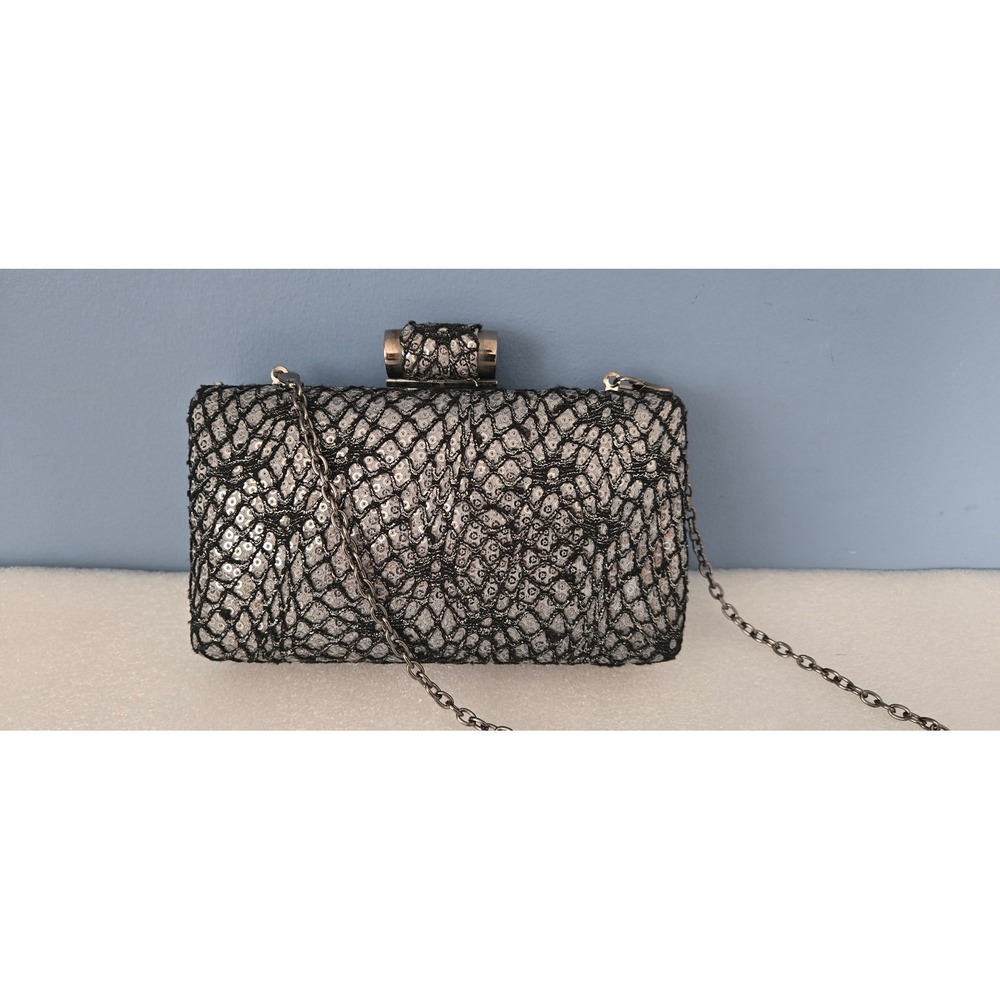 MMS Silver Sequin Black Lace Evening Box Clutch Bag with Chain Strap